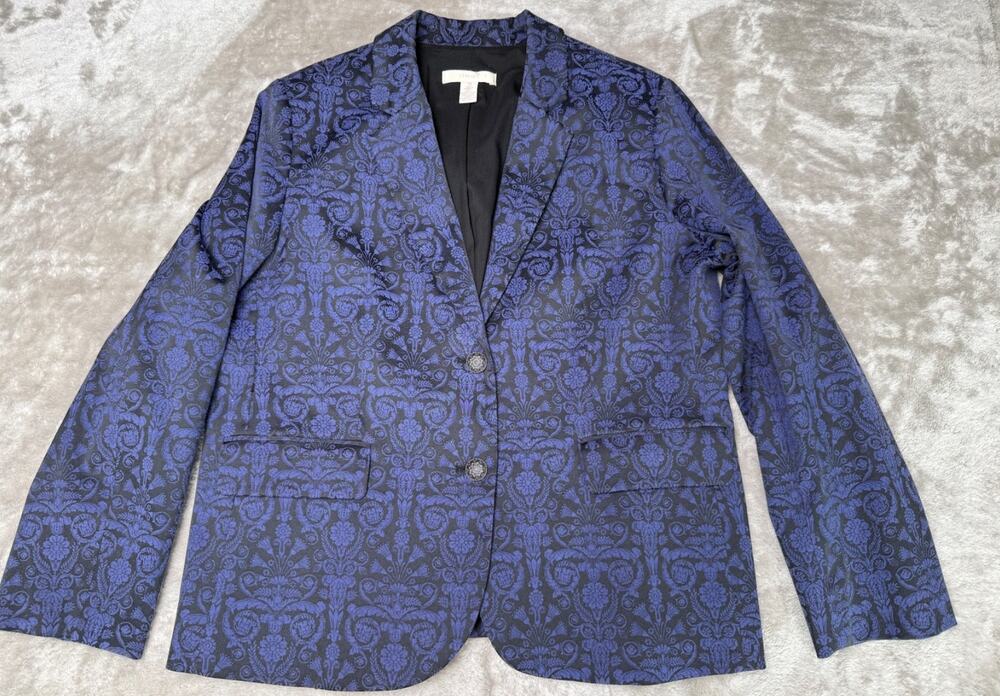 Chicos Blue Black Baroque Print Blazer Jacket Womens Size 2 Large